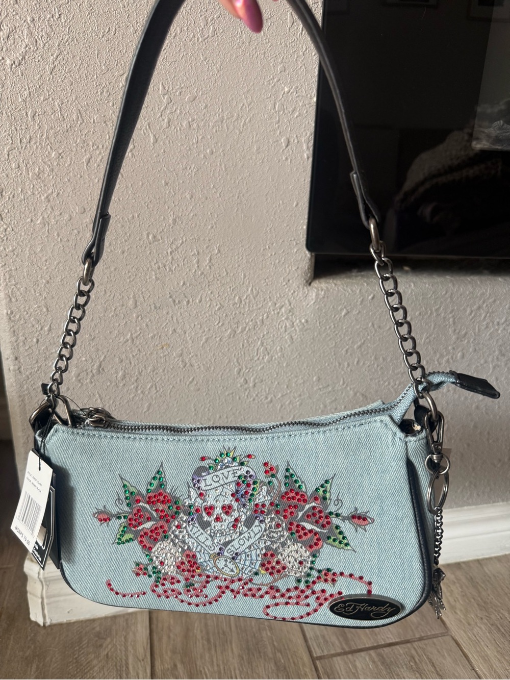 Ed Hardy Light Blue Embellished Denim Shoulder Bag